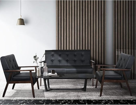 AODAILIHB Leather Sofa Couch Set 2 Accent Chairs &amp 1Loveseat Black Faux Leather Loveseats Mid Century Modern Office Couch for Small Space Waiting Room Living Room Furniture (3 Black)