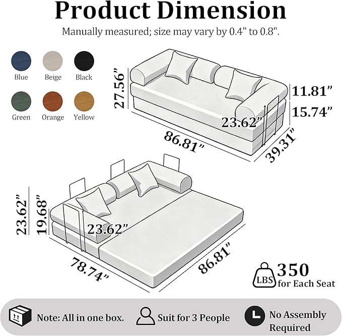 87'' Convertible Compressed Corduroy Folding Cloud Sofa Bed Modern Modular Boneless Pull Out 3 Seater Sleeper in a Box 5 in 1 Foldable Floor Mattress Couch No Assembly Need Yellow Pillows King