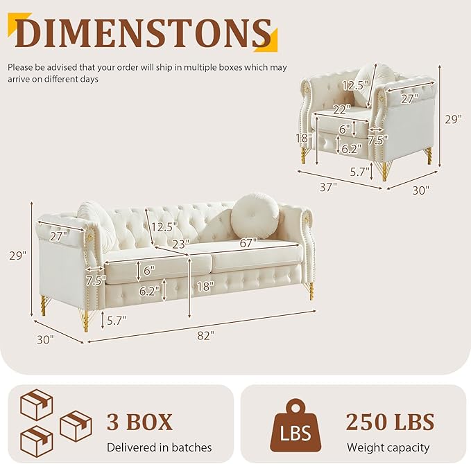 Chesterfield Velvet Button Tufted Sofa 82&amp37 Modern 4-Deep Seater Couch Retro Style Upholstered Comfy Sectional Sofa for Living Room Bedroom Apartment Office Beige