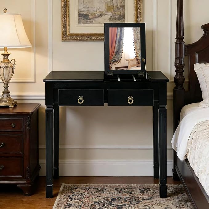 LEEMTORIG 31.5 Solid Wood Small Vanity Desk with Flip-top Mirror Compact Wooden Writing Desk with Drawers 3 in 1 Secretary Desk/Dressing Table/Nightstand for Small Space Black SZT-D0036-BK