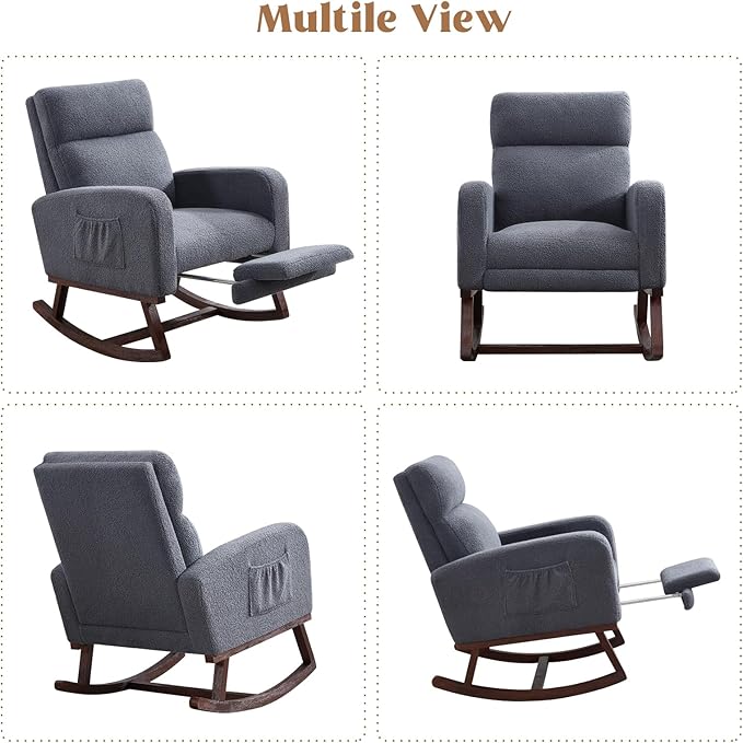 Rocking Chair Nursery with Foot Rest Teddy Nursing Rocking Chairs for Mom Breastfeeding Rocker Glider Chair with High Backrest for Living Room Bedroom Blue Grey