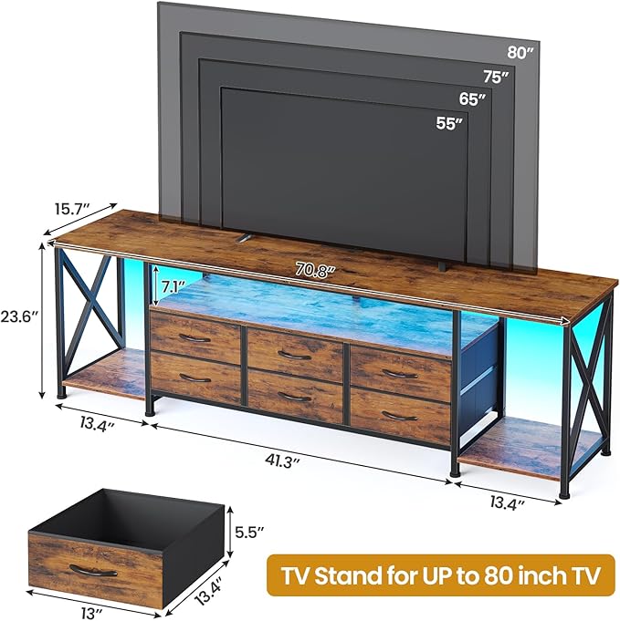 BTHFST TV Stand with LED Lights &amp Power Outlets for TVs up to 85 Inches 6 Drawers Entertainment Center with Open Storage Shelves 71 TV Media Console Table for Living Room Bedroom Rustic Brow