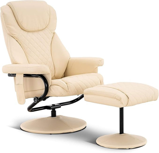 MCombo Recliner with Ottoman Reclining Chair with Massage 360 Swivel Living Room Chair Faux Leather 4901 (Cream White)