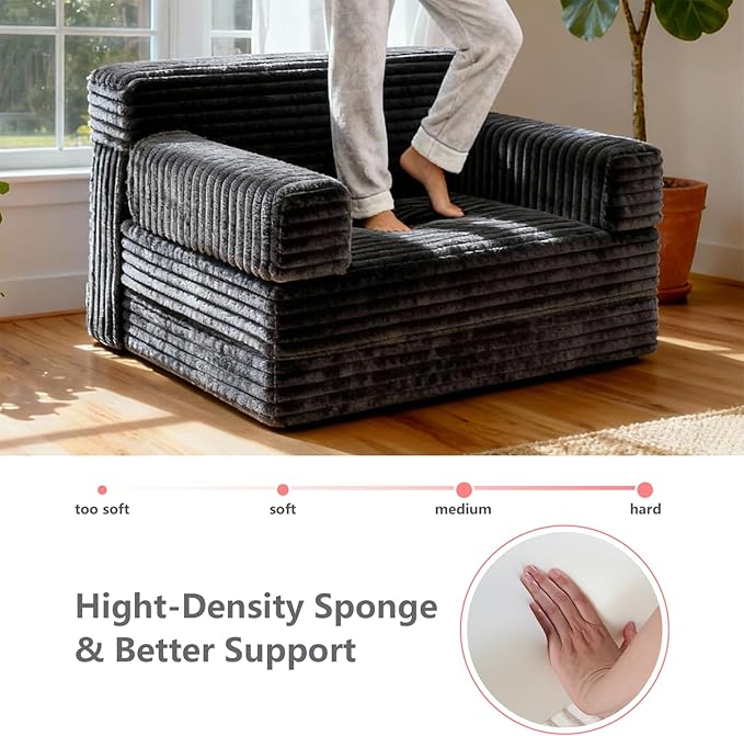 Folding Sofa BedConvertible Sofa Bed with Armrest Foldable Sleeper Chair Portable Folding 4-in-1 Floor Sofa with Convertible Lounge Chair for Living RoomBedroomWashable CoverBlack Single