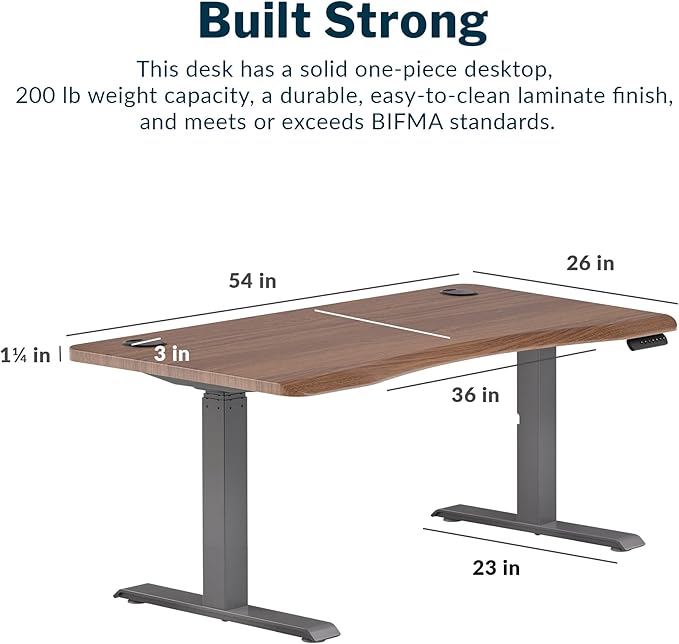 Vari Ergo 54x26 Electric Standing Desk – Height Adjustable Sit Stand VariDesk + Curved Waterfall Edge 4 Memory Settings Quick Assembly Cable Management 200 lb Capacity – Walnut (2 Boxes)
