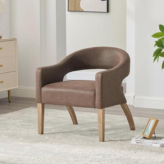 Modern Accent Chair Upholstered PU Leather Barrel Armchairs with Rubberwood Legs Comfy Lounge Arm Chair Hollow-Out Side Club Chair for Living Room Bedroom Office (Coffee-Wide)