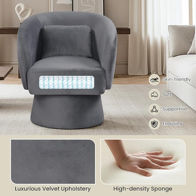 Giantex Swivel Accent Chair Upholstered Barrel Chair with Curved Back &amp Removable Lumbar Pillow Comfy Round Armchair with 360° Rotating Function Single Sofa Chair for Living Room