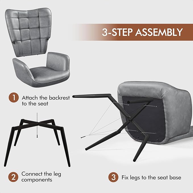 Yaheetech Accent Chairs Large PU Leather High-Back Chair w/Metal Legs Pottery Barn Style Living Room Chairs for Bedroom/Home Office Gray