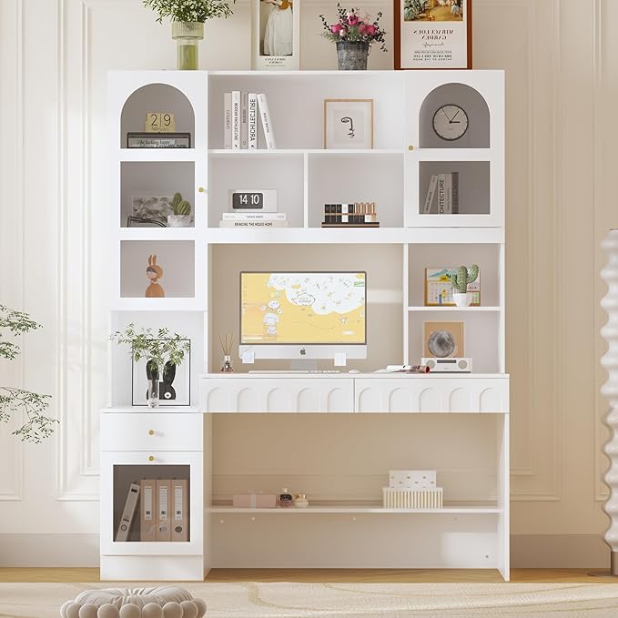 WOODTIME Home Office Computer Desk with Arch Glass Doors Drawers &amp 13 Shelves Modern Wooden Study Writing Gaming Table Workstation White