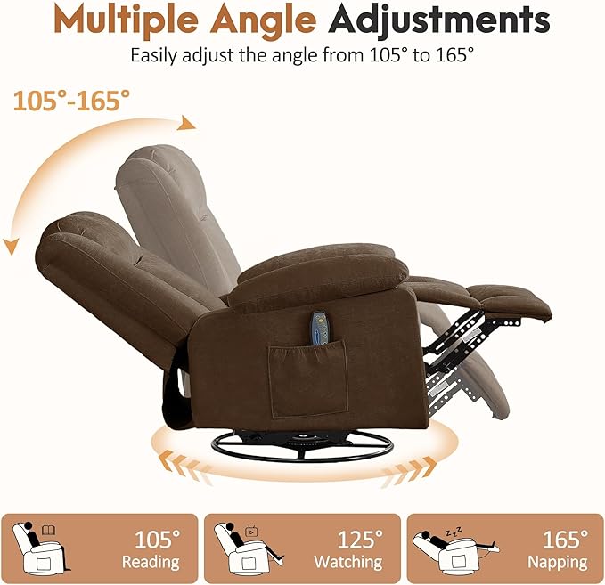 Rocker Recliner Chair for Adults 360° Swivel Rocker Recliner with Massage and Heating Nursery Rocking Chairs with Side Pockets Manual Reclining Chair for Living Room Bedroom or Nursery