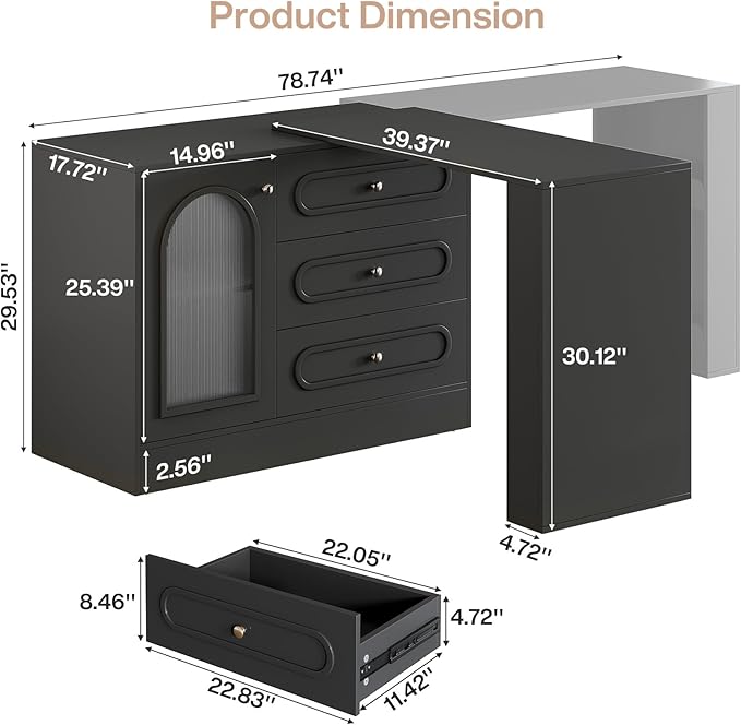 Tribesigns 78 L Shaped Computer Desk with 3 Drawers Reversible Corner Desk with Cabinet for Small Space L Shape Desk with Storage for Writing Study Work Executive (Black)