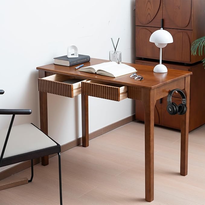 39.4'' Solid Wood Desk with Drawers Mid Century Modern Home Office Desk Vintage Wooden Writing Desk with Storage and Hooks Dark Wood Computer Table for Bedroom Study (Walnut)