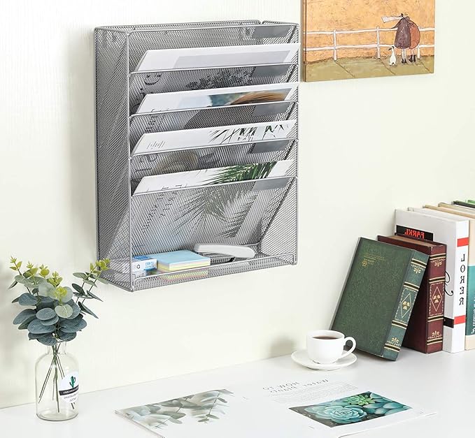 EasyPAG 5 Tier Wall File Holder Mesh Hanging Folder Organizer with Classify Label Versatile Desk File Holder Vertical Wall Mounted Mail Organizer for Office Home Cubicle Pink