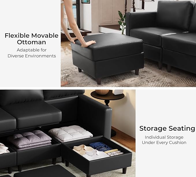 ABCASA Faux Leather U Shaped Modular Sectional Sofa 91.5 5 Seater Couch with Movable Ottoman Deep Seat and Storage Seat with Removable Cover for Living Room Apartment - Black