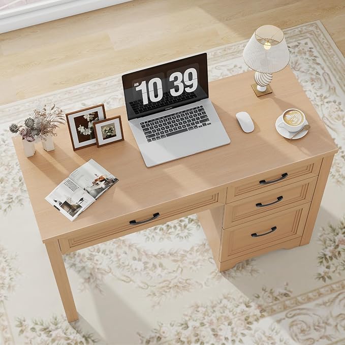 Farmhouse Executive Desk with Drawers Wood Computer Desk with Ample File Drawer Rustic Home Office Desk with Storage for Bedroom Living Room Natural
