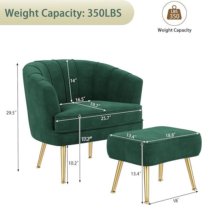Andeworld Velvet Accent Chair with Ottoman Upholstered Modern Single Sofa Side ChairComfy Barrel Club Living Room Armchair with Golden Metal Legs for Bedroom Living Reading Room Office Green