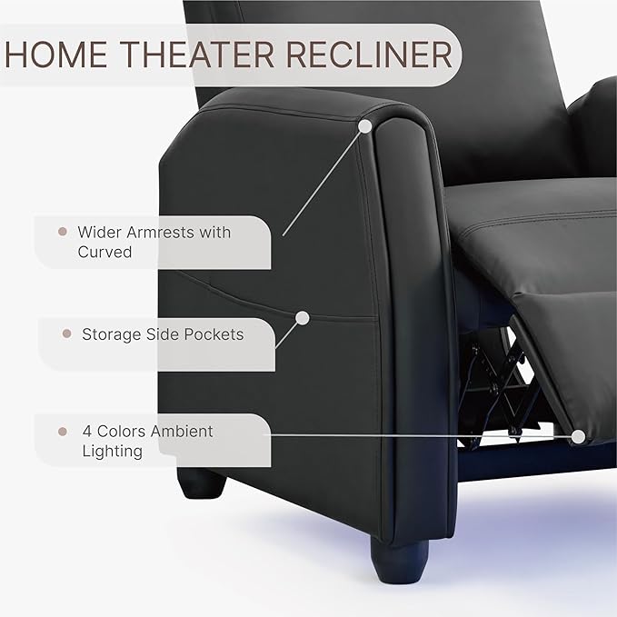 Recliner Chair for Adults Push Back Armchair Home Theater Seating with Lumbar Support Single Sofa for Living Room with Massage &amp Heat Vibration Black(PU Leather with Lights)