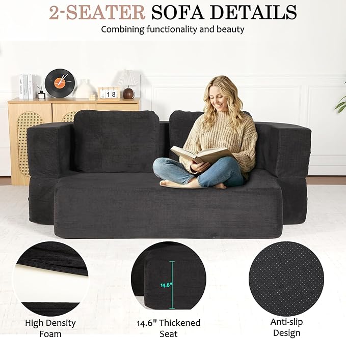 Folding Sofa Bed 78.7 Extra-Long Convertible Sofa Bed with 2 Pillows &amp Blanket 14.6 Thick High-Density Foam Boneless Couch for Bedroom Living Room Apartment Black