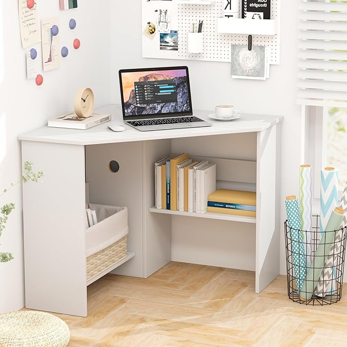 Tangkula White Corner Desk - 90 Degrees Triangle for Computer Small Space Bedroom Makeup Vanity Desk with Storage Shelves &amp CPU Stand Space Saving Writing Desk