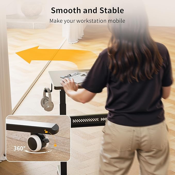 Mobile Standing Desk with Wheels 32 inch Pneumatic Height Adjustable Desk for Walking Pad Small Rolling Computer Workstation Portable Sit Stand Desk for Home Office 28-43 Tall Mahogany