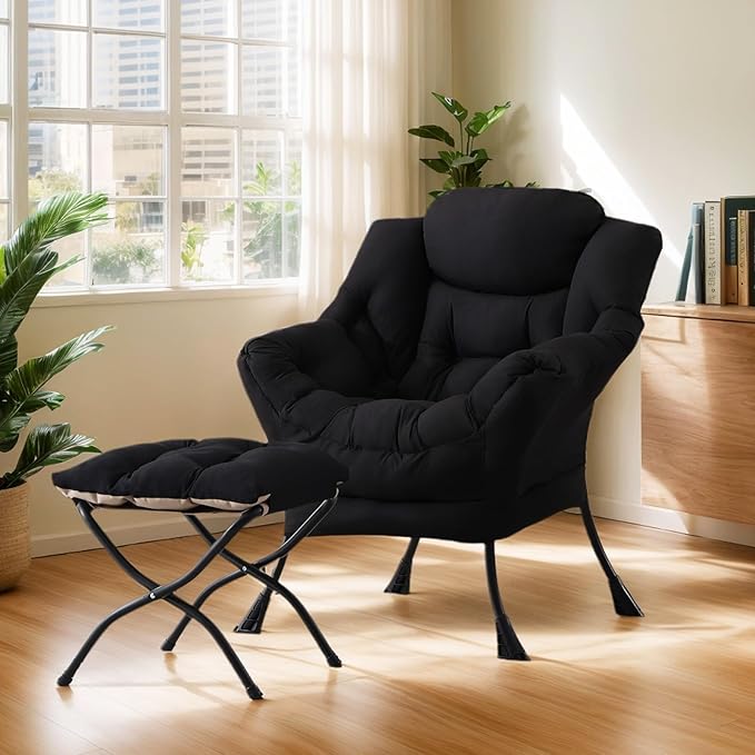 Lazy Chair with Ottoman Large Black Accent Chair with Ottoman Comfy Reading Armchair Leisure Sofa Chair for Living Room Bedroom Dorm Room Office