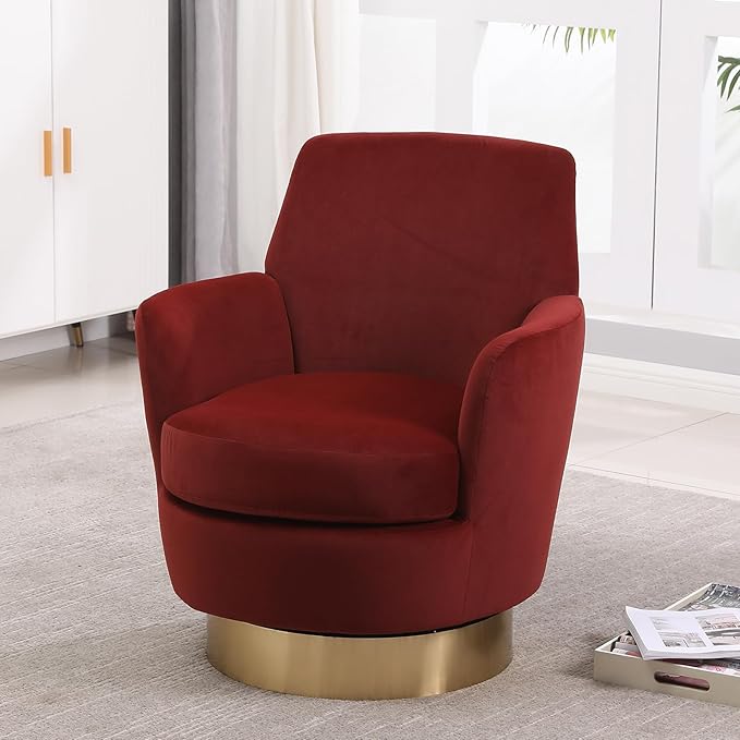 Set of 2 Swivel Accent Chair Modern Velvet American Design Swivel Round Barrel Chairs Upholstered Cozy Style for Living Room Bedroom Home Office (Brownish red 2-Pack)