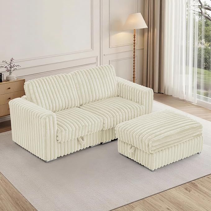 72 L-Shape Corduroy Sofa with Movable Ottoman Upholstered Seational Sofa with Stable Feet Deeper 2 Seats Couch with Thickened Seat Cushions for Living Room Bedroom Office Beige
