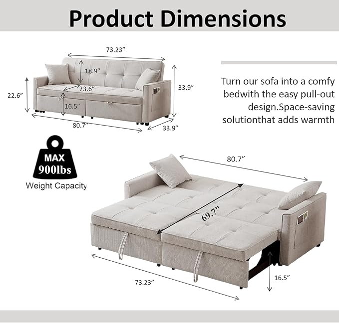 King Size Pull Out Sofa Bed 4-in-1 Convertible Sofa Bed Couch Chenille 3 Seaters Sofa Sleeper with Dual Pull Out Bed &amp Adjustable Backrest for Living Room Beige