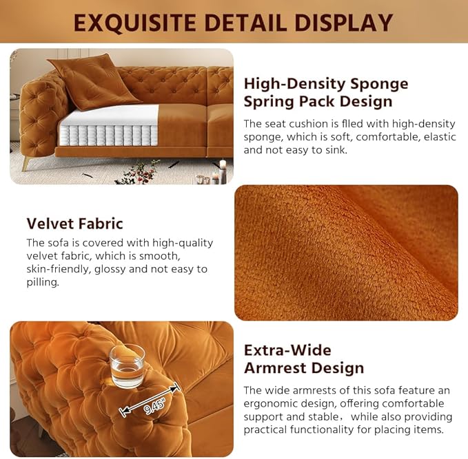 97.7 King Pull Out Sofa Bed Velvet Chesterfield Sleeper Sofa Couch 3 in 1 Convertible Tufted Futon Couches with Ottoman for Living Room Small Space Apartment Office Bedroom Orange