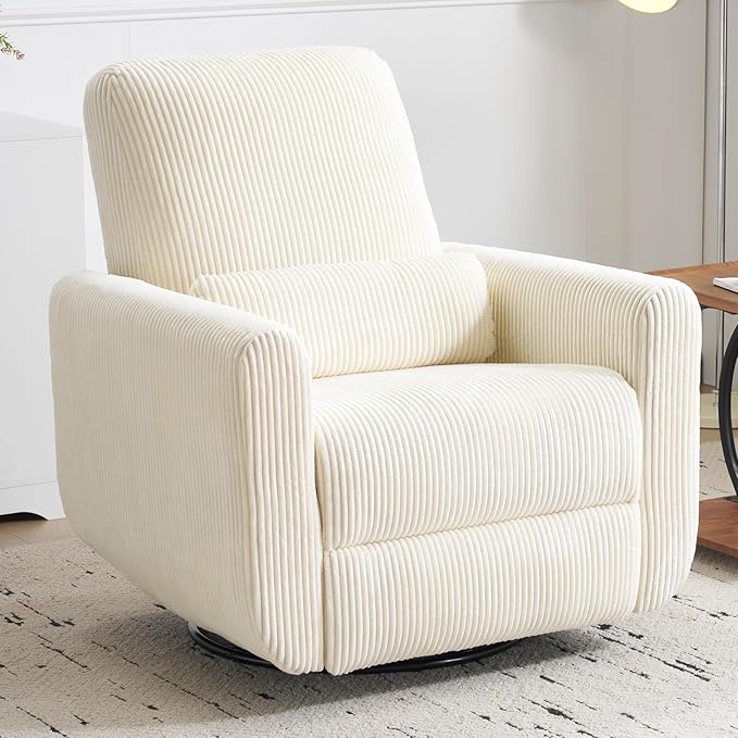 360° Swivel Glider Recliner Chair Oversized Rocker Recliner with Heating and Massage Glider Chair for Nursery with Pillow24 Extra Wide Rocking Chair for Living Room Corduroy Beige