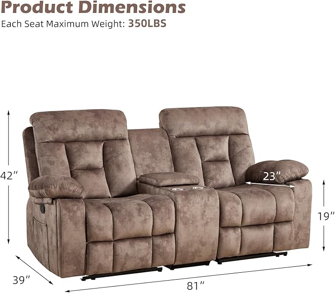CANMOV Loveseat Recliner Manual Recliner Sofa Chair for Living Room Reclining Sofa with Storage ConsoleHidden Cup Holders 2 Seat Camel-Brown