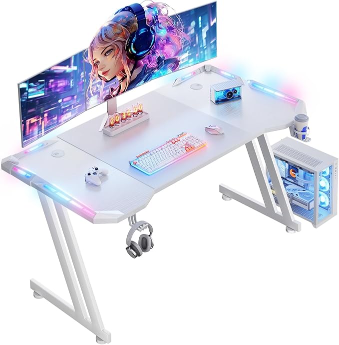 HLDIRECT 55 Inch Gaming Desk with LED Lights Carbon Fibre Surface Gaming Table Large Computer Desk Ergonomic Home Office Desks Z Shaped PC Gamer Workstations with Cup Holder &amp Headphone Hook White