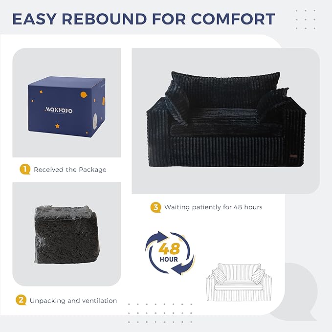 MAXYOYO 59 Bean Bag Sofa Couch Loveseat Boneless Couch in a Box Upholstered Small Mini Sofa with Deep Seating for Living Room Bedroom Office Apartment No Assembly Black