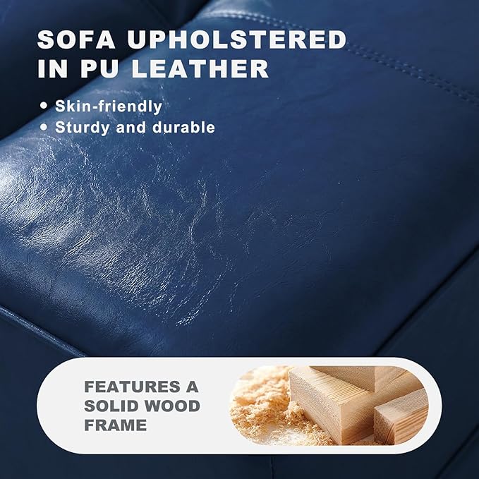 55 Faux Leather Upholstered Sofa Entryway Ottoman Modern End of Bed Bench with Side Table 360-degree Swivel Tray Couch Window Bench with Metal Legs for Bedroom Living Room (Blue)