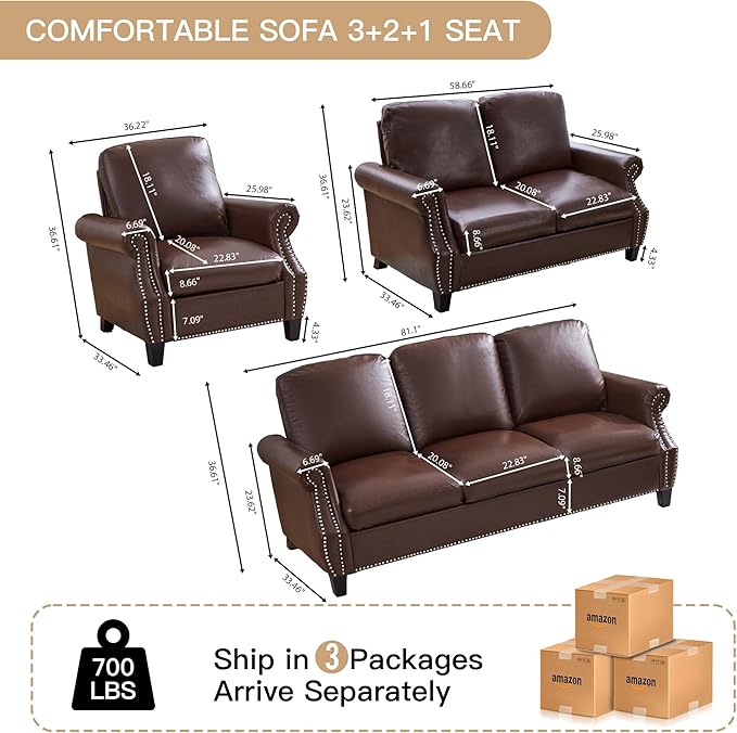 LEVNARY Compact PU Leather Sofa Set 3 Piece Small Space Couch Set with 3-Seater Loveseat &amp Armchair Comfortable Nailhead Trim Living Room Furniture for Apartment Office Guest Room (Brown)