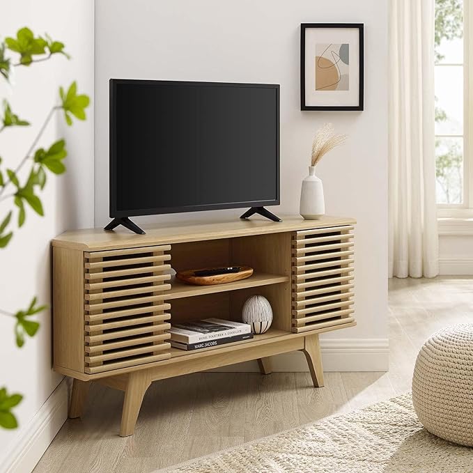Modway Render Mid-Century Modern Low Profile 46 Corner Media TV Stand in Oak 15 x 46 x 23