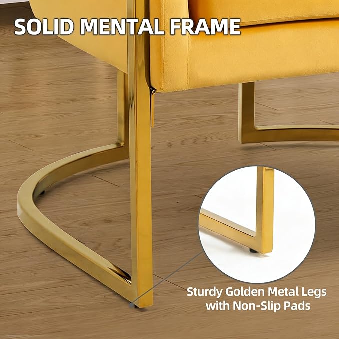 X-VOLSPORT Velvet Accent Chairs Set of 2 Contemporary Barrel Armchairs Living Room Bedroom Club Chair Set with Pillow Channel Tufted Gold Finish Base Yellow