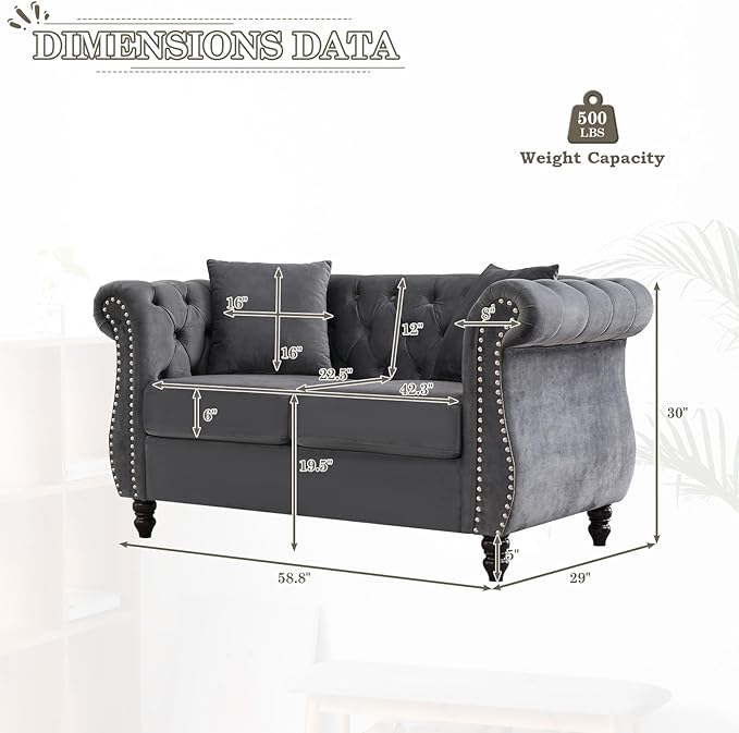 Chesterfield Sofa58 Button Tufted Velvet Couch with Rolled Arms&ampNailhead TrimComfy 2 Seater Loveseat SofaOversize Mid Century Modern Couch for Living RoomBedroomApartmentOffice(Grey)
