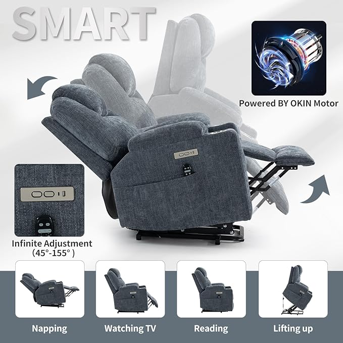 Power Lift Chair with Massage &amp Heat Electric Recliner Chairs for Adults Remote Control Sofa for Living Room Standing Assistance USB Ports Stainless Steel Cup Holders (Chenille Blue)