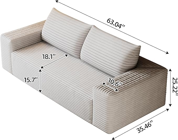 KEIKI 63 Corduroy Loveseat Sofa Comfy Deep Seat 2-Seater Couch with Adjustable Arms Modern Upholstered Love Seat with Pillows for Small Spaces White