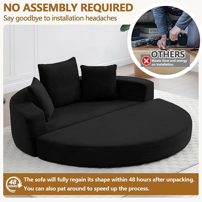 67” Foldable Couch Bed Corduroy Round Floor Couch with 3 Comfy Pillows 2 in 1 Convertible Sofa Bed for Living Room Apartment 380 LBS Capacity No Assembly (Black)
