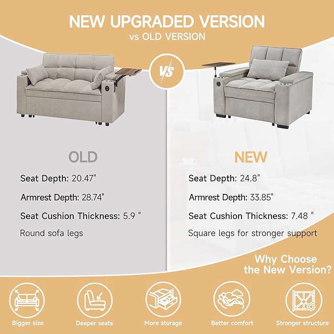 Large Size Convertible Sleeper Chair Futon Sofa Bed Comfortable Thick Cushion Single Sleeper Sofa Handheld Storage and Adjustable Backrest | Reading Chair with Rotating Small Table (Khaki)