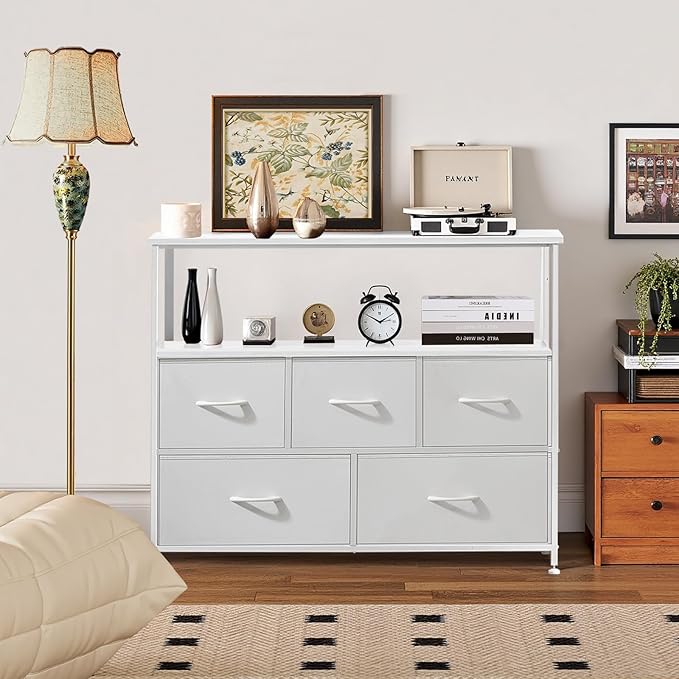 TV Stand 5 Fabric Drawers Dresser Entertainment Center for TV up to 45 inch Wooden Media Console Table Storage Organizer with Open Shelf for Living Room Bedroom or Small Space White