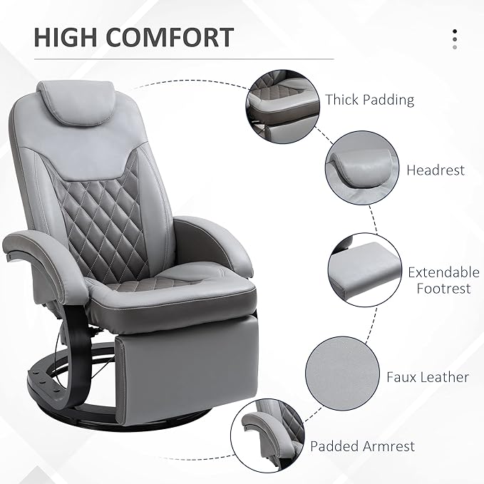 HOMCOM Faux Leather Manual Recliner Adjustable Swivel Lounge Chair Armchair with Footrest and Round Base for Living Room Gray