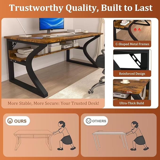 Computer Desk 55Inch Computer Desk w/Storage Shelves Home Office Desks w/U Shaped Metal Frame Study Writing Desk w/Cable Management Deeper &amp Thicker Desktop Table for Home Office