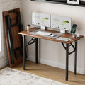 Frylr Small Folding Computer Desk – 43.3 Inch Portable Table for Craft and Study Lightweight Desk for Small Spaces Foldable Laptop Table Built-in AC/USB Outlets for Convenience Dark Walnut
