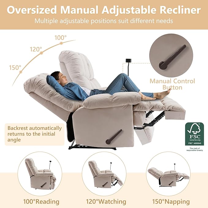 Oversized Recliner Chair Big Mans Recliner Chairs for Adults 400lbs Wide Recliners for Tall Man Large Recliner Chair for Living Room(Cream)