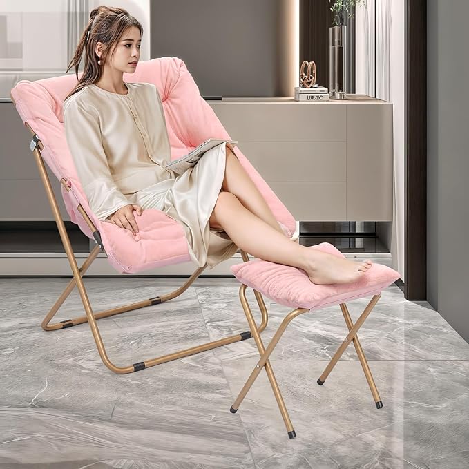 MoNiBloom Square Folding Faux Fur Saucer Chair for Bedroom Living Room Dorm Foldable Metal Frame Oversized Large Comfy Furry Padded Soft Cozy Moon Chair with Footrest Ottoman for Adults (Pink 2 Set)