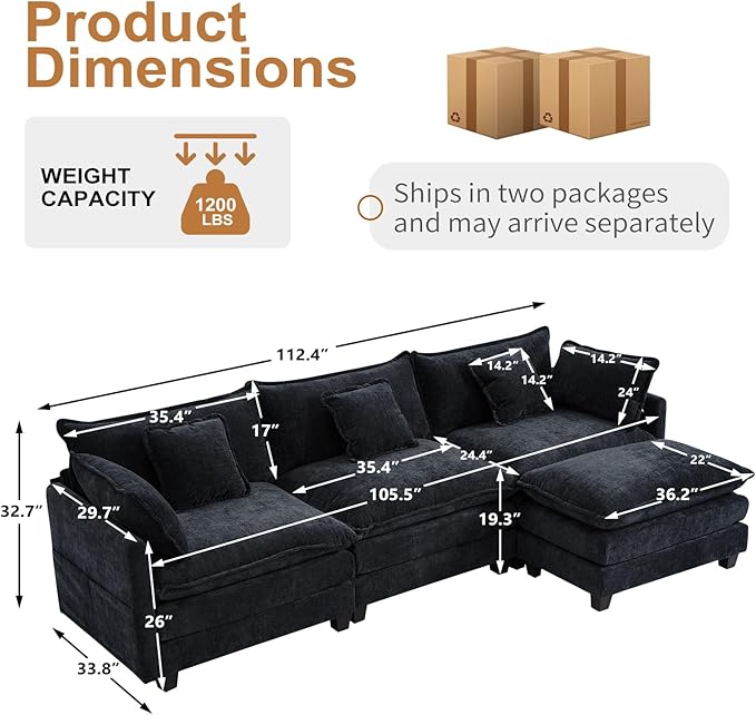 Furniliving 112‘’ L-Shaped Sofa Luxury Chenille Modular Sectional Couches with Ottoman Upholstered Deep Seat Sleeper Sofa with Memory Foam and Waist Pillows Black