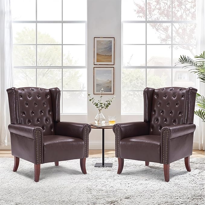 PU Leather Accent Chair Modern Wingback Armchair Club Sofa Chair High Back Living Room Chair for Bedroom Office Lounge (Caramel)